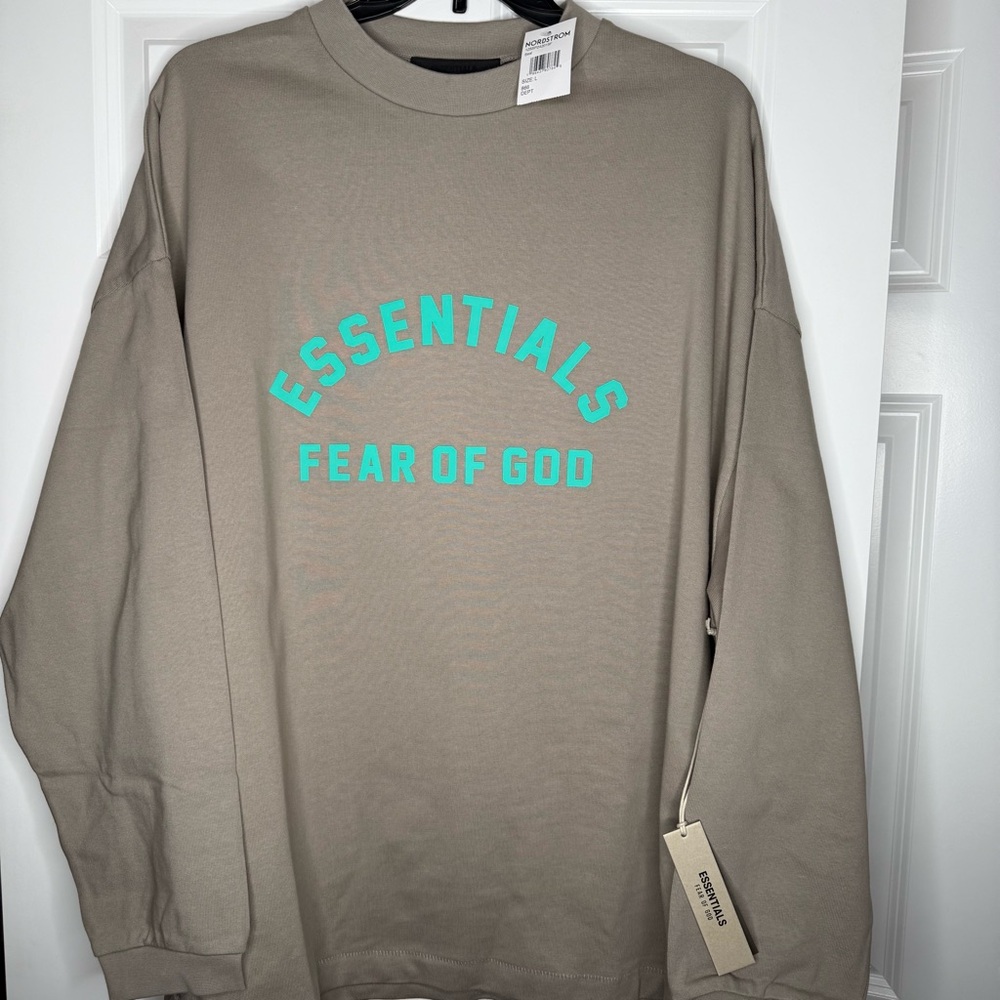 Fear of God Essentials Beige Sweatshirt with Aqua Lettering